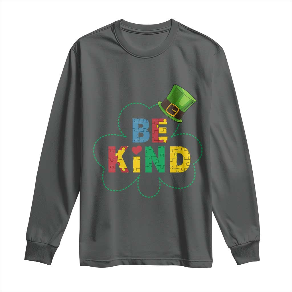 Lucky Shamrock Be Kind Long Sleeve Shirt Autism Leprechaun St Patricks Day TS02 Dark Heather Print Your Wear