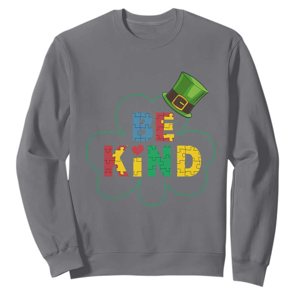 Lucky Shamrock Be Kind Sweatshirt Autism Leprechaun St Patricks Day TS02 Charcoal Print Your Wear