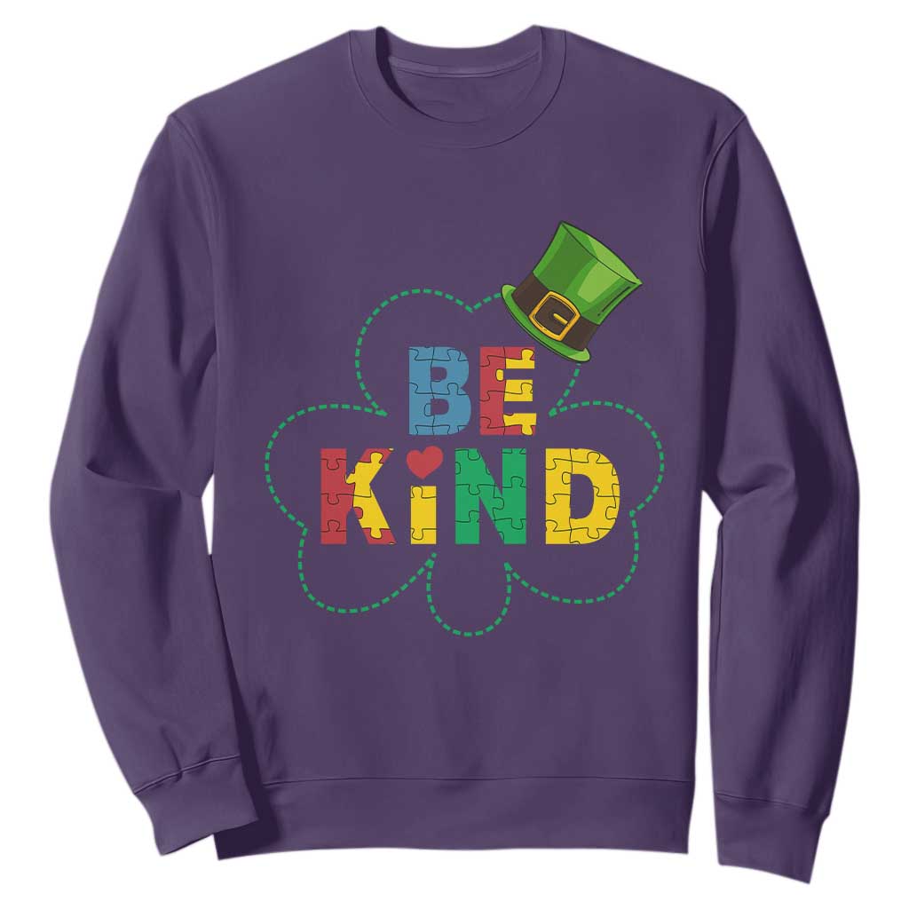 Lucky Shamrock Be Kind Sweatshirt Autism Leprechaun St Patricks Day TS02 Purple Print Your Wear
