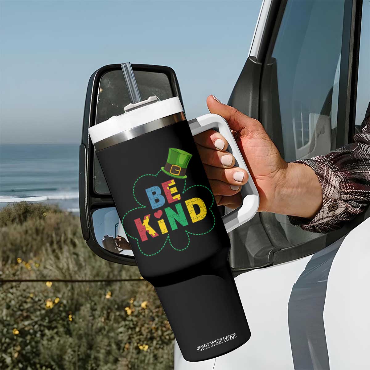 Lucky Shamrock Be Kind Tumbler With Handle Autism Leprechaun St Patricks Day TS02 Print Your Wear