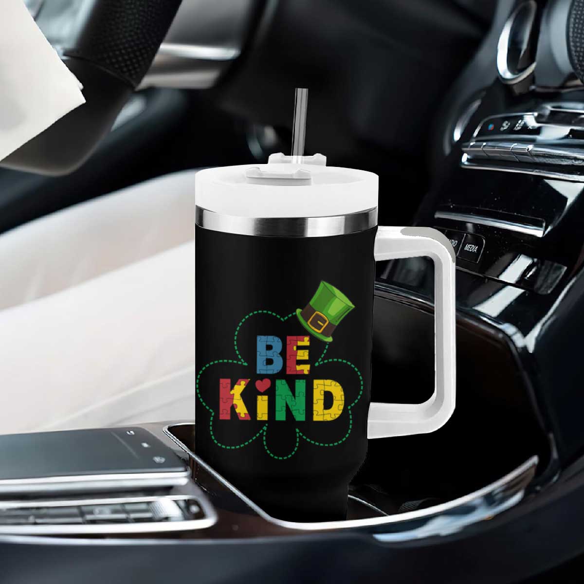 Lucky Shamrock Be Kind Tumbler With Handle Autism Leprechaun St Patricks Day TS02 Print Your Wear