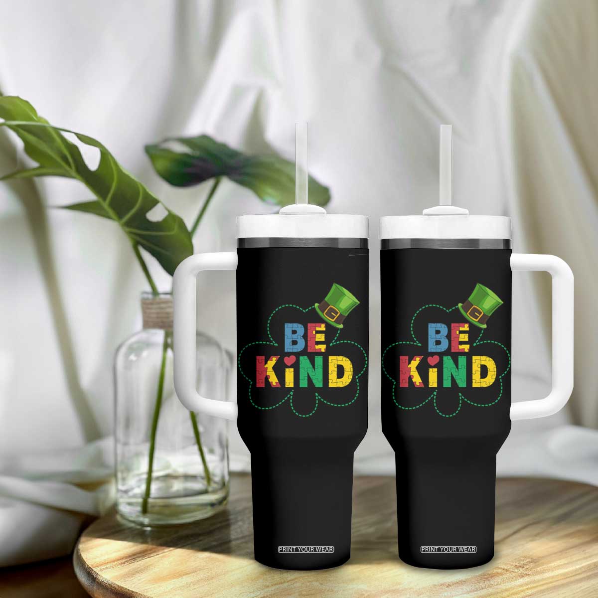 Lucky Shamrock Be Kind Tumbler With Handle Autism Leprechaun St Patricks Day TS02 Print Your Wear