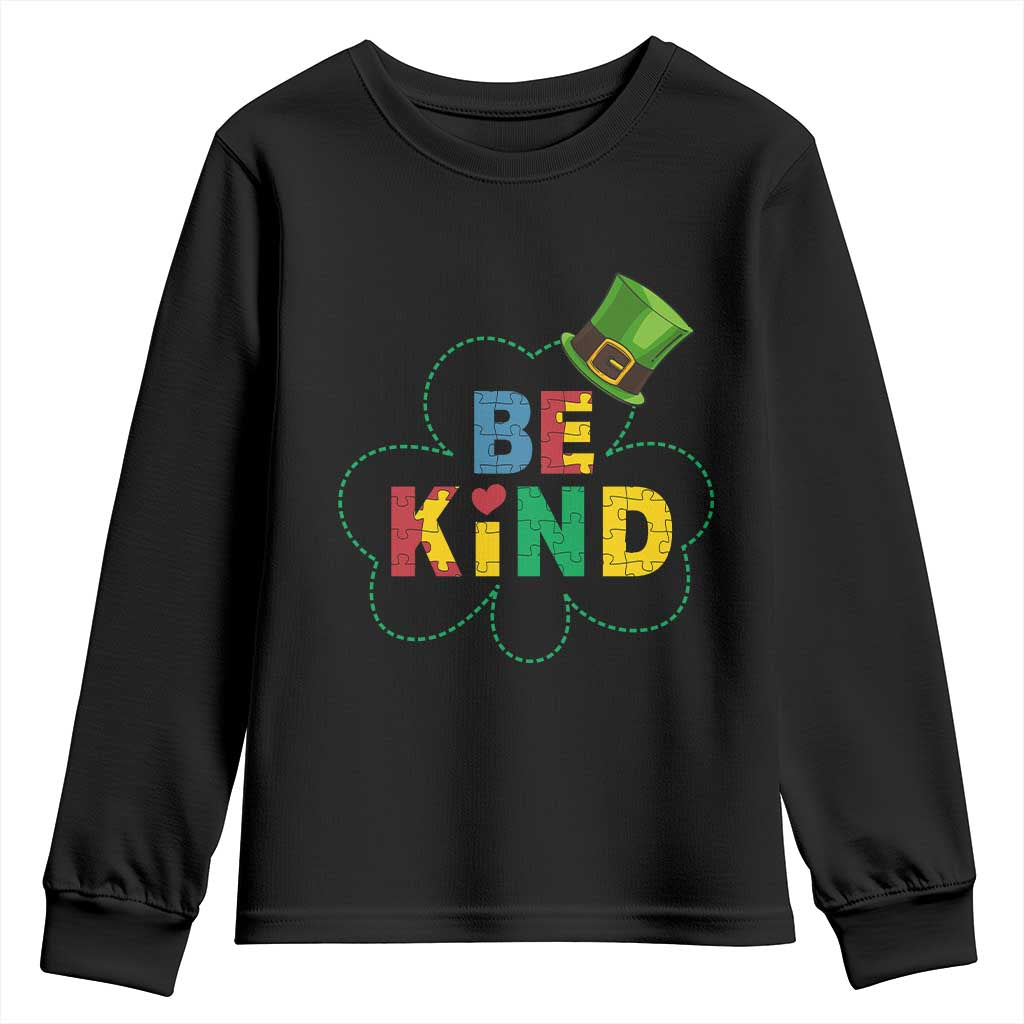 Lucky Shamrock Be Kind Youth Sweatshirt Autism Leprechaun St Patricks Day TS02 Black Print Your Wear