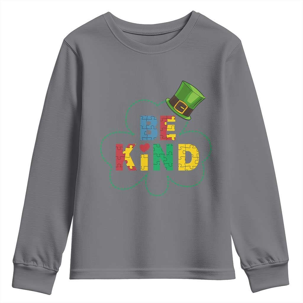 Lucky Shamrock Be Kind Youth Sweatshirt Autism Leprechaun St Patricks Day TS02 Charcoal Print Your Wear