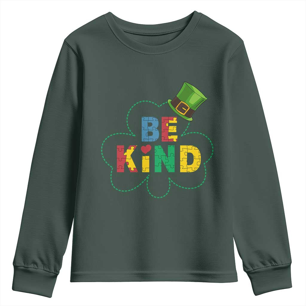 Lucky Shamrock Be Kind Youth Sweatshirt Autism Leprechaun St Patricks Day TS02 Dark Forest Green Print Your Wear
