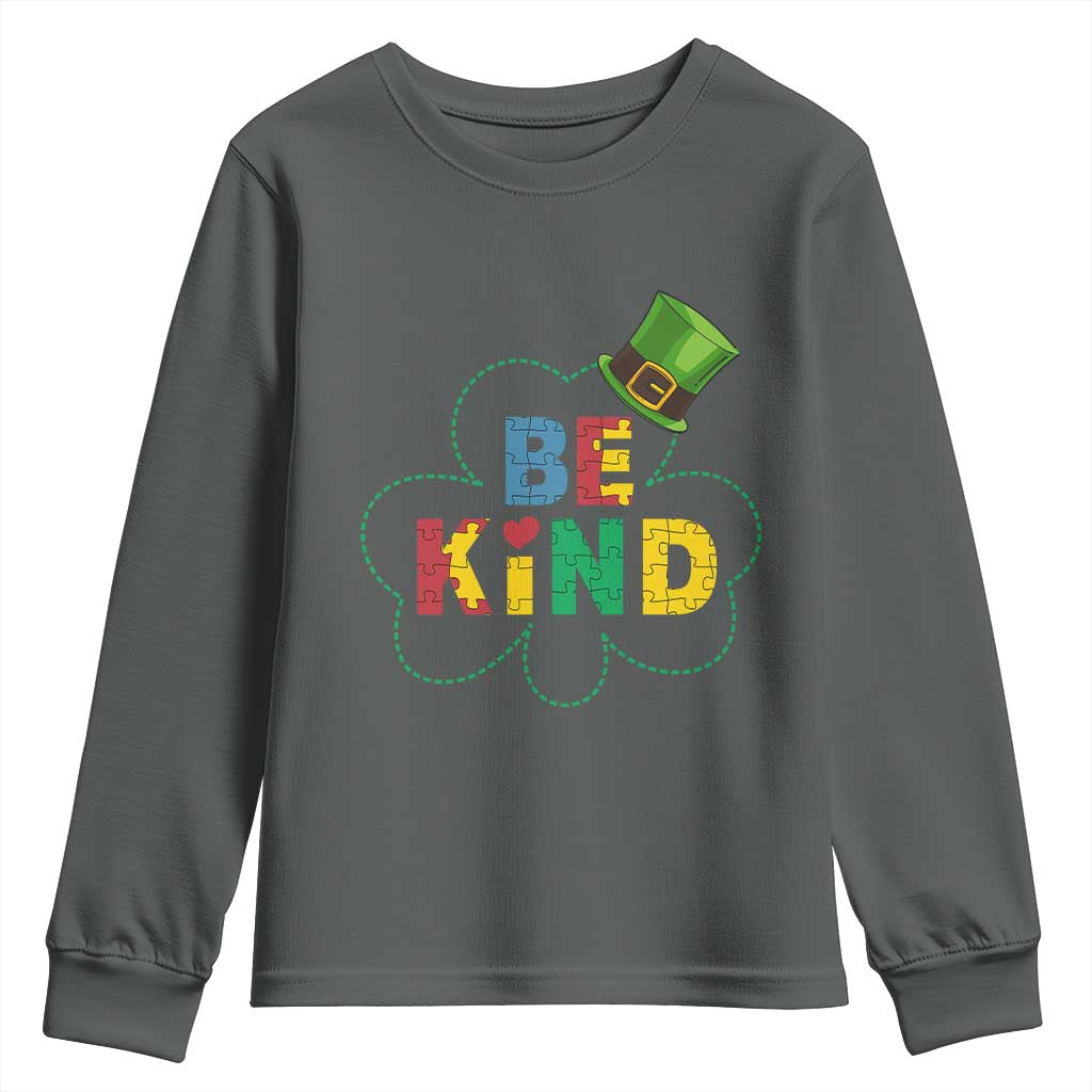 Lucky Shamrock Be Kind Youth Sweatshirt Autism Leprechaun St Patricks Day TS02 Dark Heather Print Your Wear