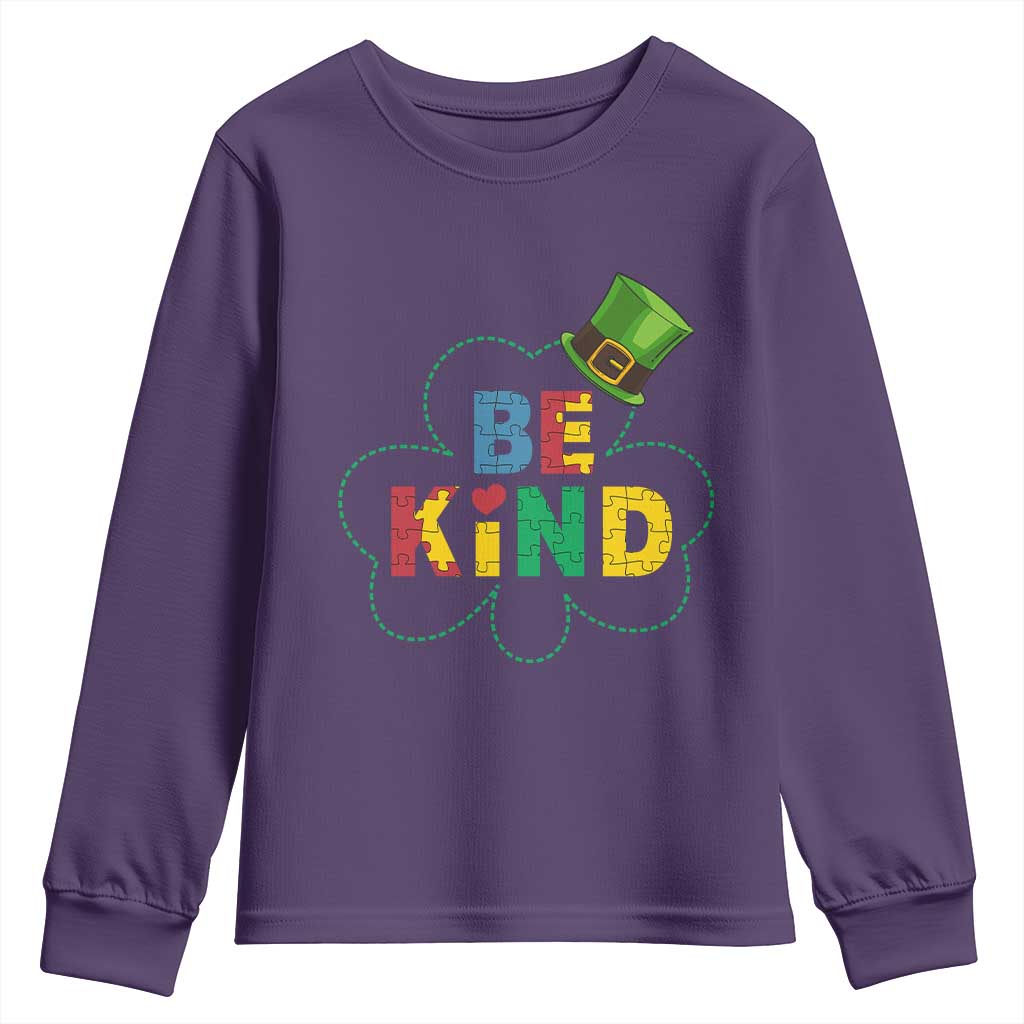 Lucky Shamrock Be Kind Youth Sweatshirt Autism Leprechaun St Patricks Day TS02 Purple Print Your Wear