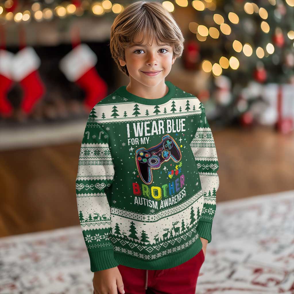 Autism Awareness Gamer Ugly Christmas Sweater I Wear Blue for My Brother Video Game Family Support TS02 Forest Green Beige Print Your Wear