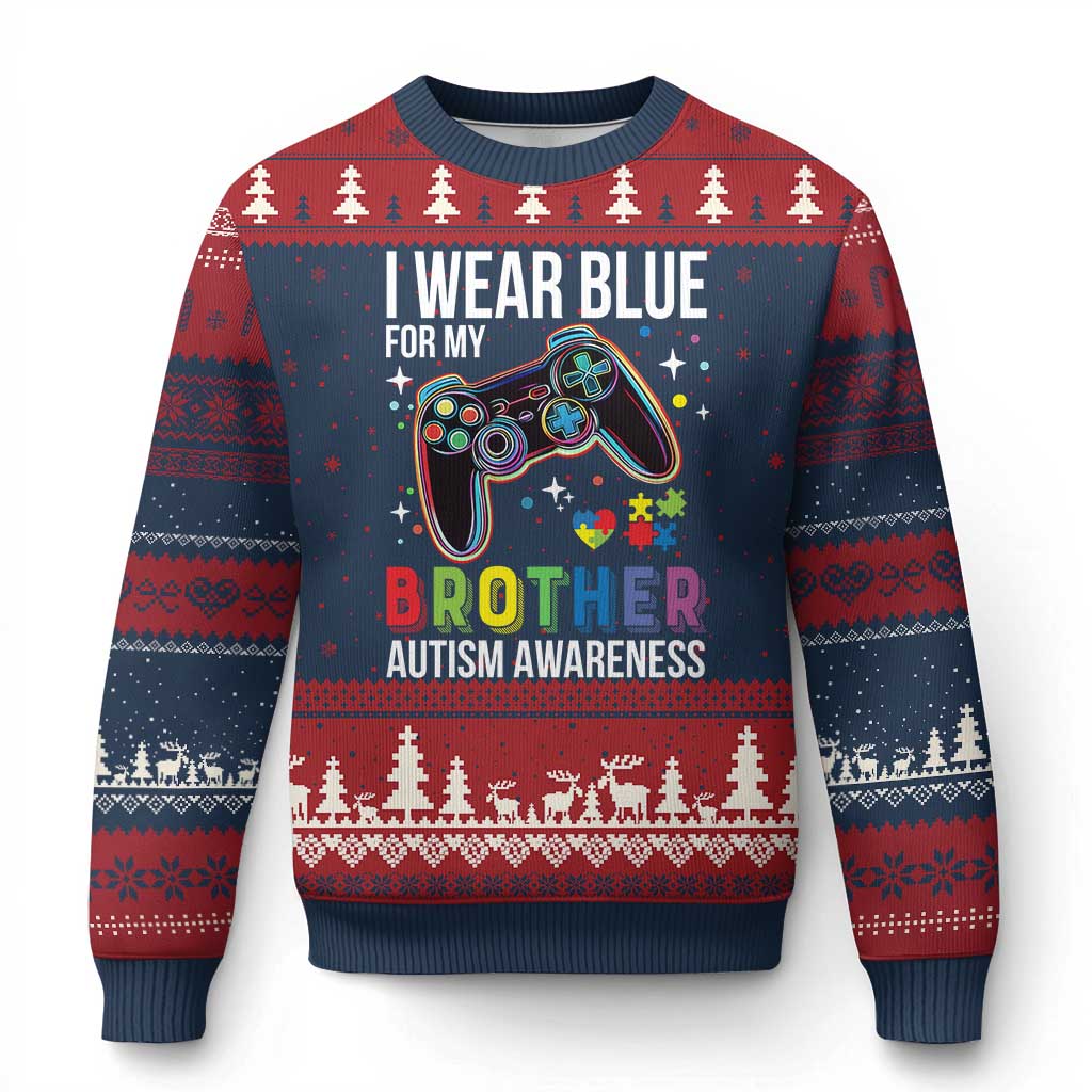 Autism Awareness Gamer Ugly Christmas Sweater I Wear Blue for My Brother Video Game Family Support TS02 Navy Red Print Your Wear