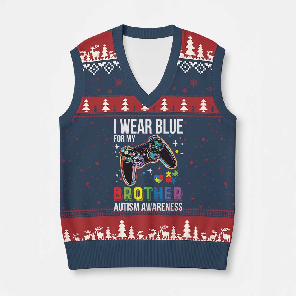Autism Awareness Gamer V-Neck Knit Sweater Vest I Wear Blue for My Brother Video Game Family Support TS02 Navy Red Print Your Wear