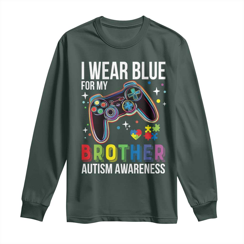 Autism Awareness Gamer Long Sleeve Shirt I Wear Blue for My Brother Video Game Family Support TS02 Dark Forest Green Print Your Wear