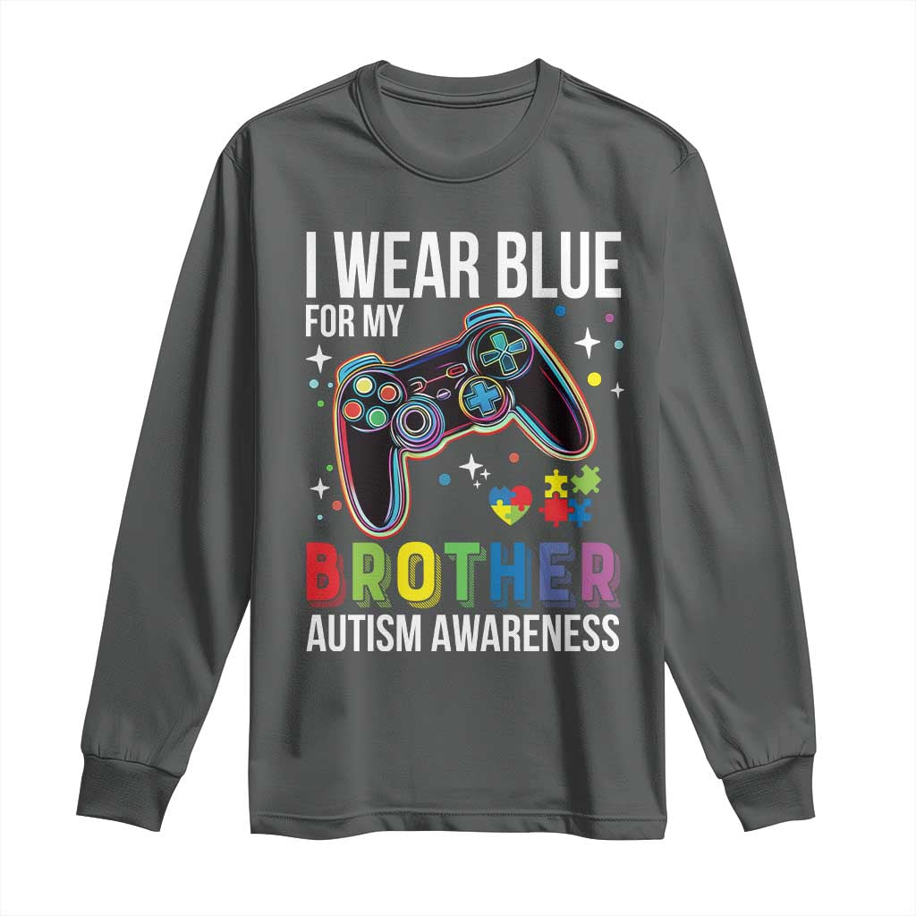 Autism Awareness Gamer Long Sleeve Shirt I Wear Blue for My Brother Video Game Family Support TS02 Dark Heather Print Your Wear