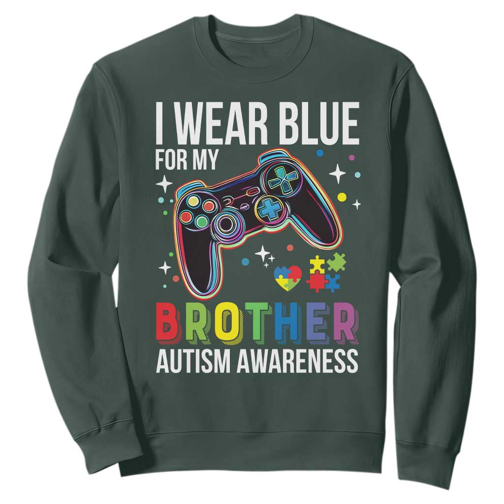 Autism Awareness Gamer Sweatshirt I Wear Blue for My Brother Video Game Family Support TS02 Dark Forest Green Print Your Wear