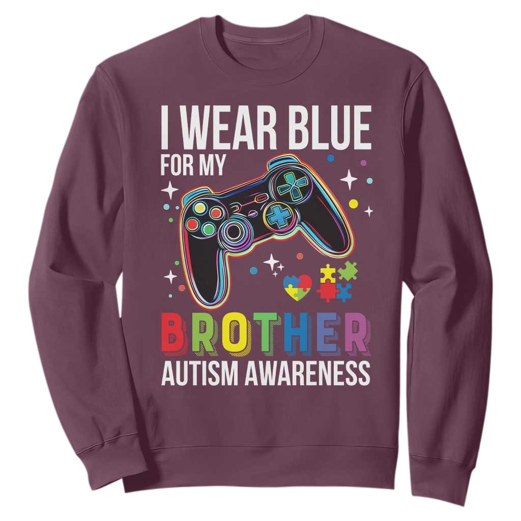 Autism Awareness Gamer Sweatshirt I Wear Blue for My Brother Video Game Family Support TS02 Maroon Print Your Wear