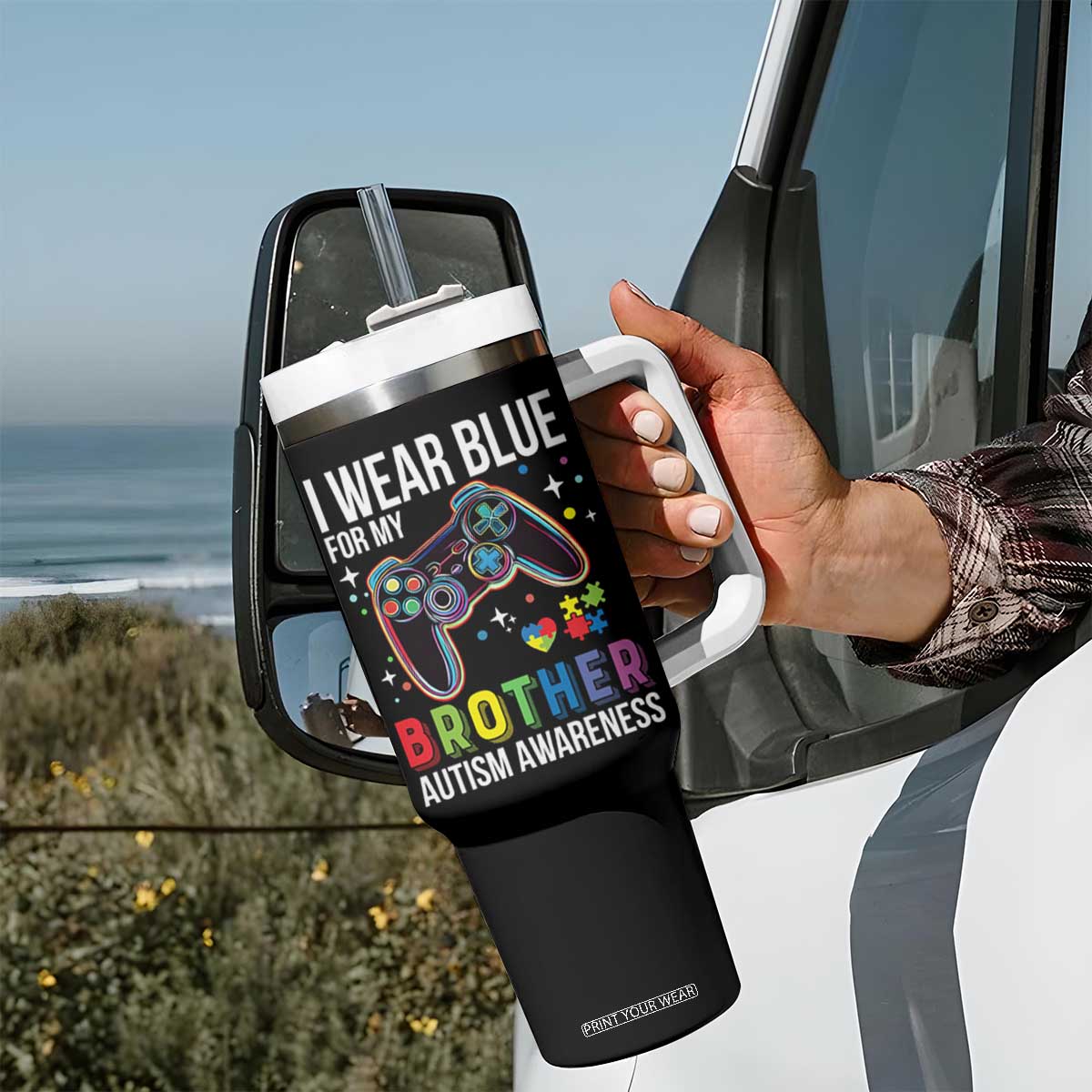 Autism Awareness Gamer Tumbler With Handle I Wear Blue for My Brother Video Game Family Support TS02 Print Your Wear