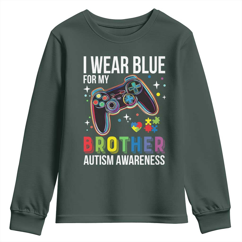 Autism Awareness Gamer Youth Sweatshirt I Wear Blue for My Brother Video Game Family Support TS02 Dark Forest Green Print Your Wear