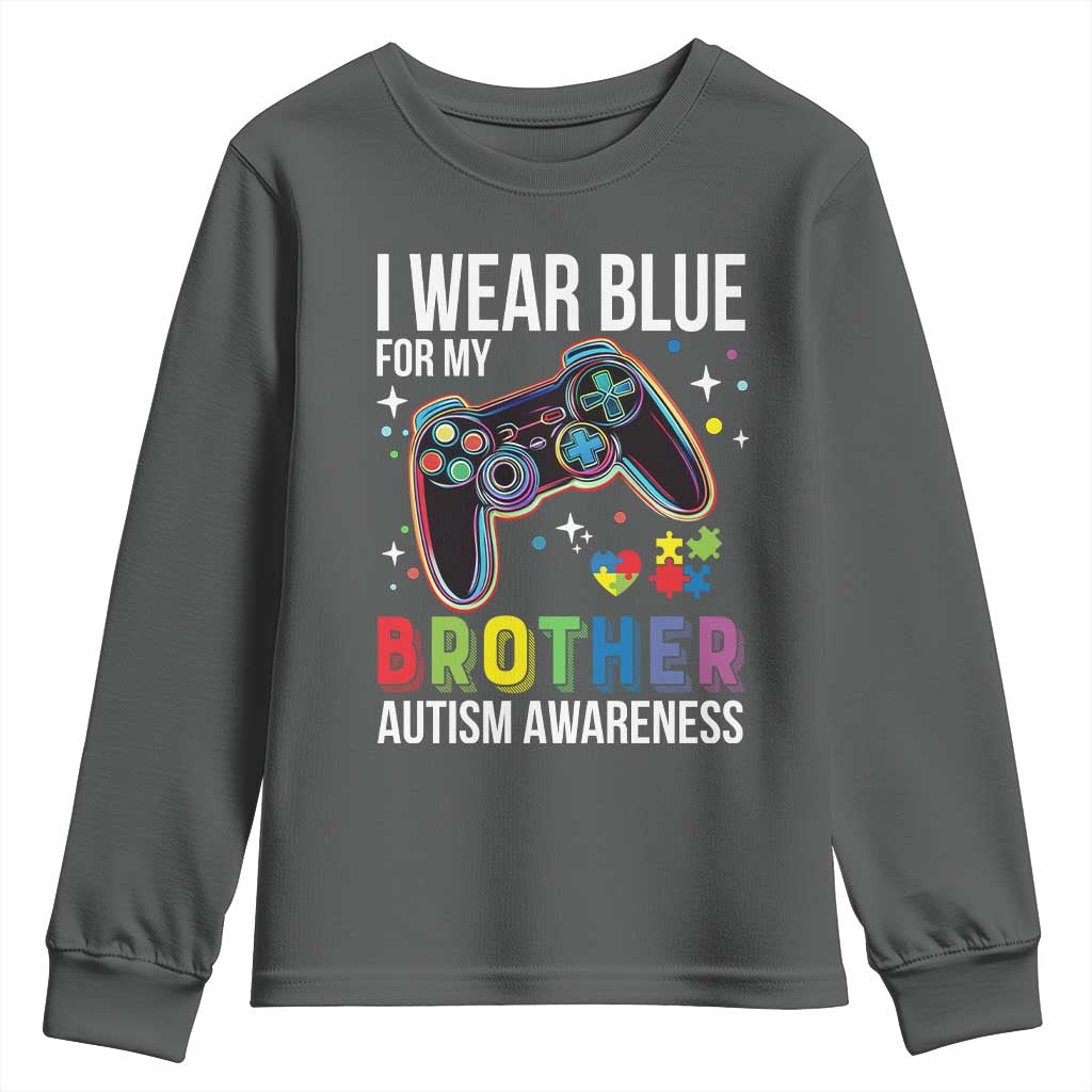 Autism Awareness Gamer Youth Sweatshirt I Wear Blue for My Brother Video Game Family Support TS02 Dark Heather Print Your Wear