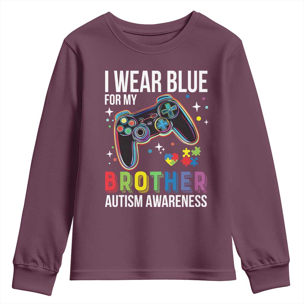 Autism Awareness Gamer Youth Sweatshirt I Wear Blue for My Brother Video Game Family Support TS02 Maroon Print Your Wear