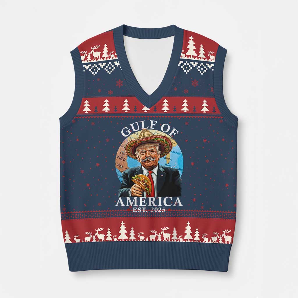 Funny Trump Gulf Of USA V-Neck Knit Sweater Vest Mexico Sombrebro Tacos US 2025 TS02 Navy Red Print Your Wear