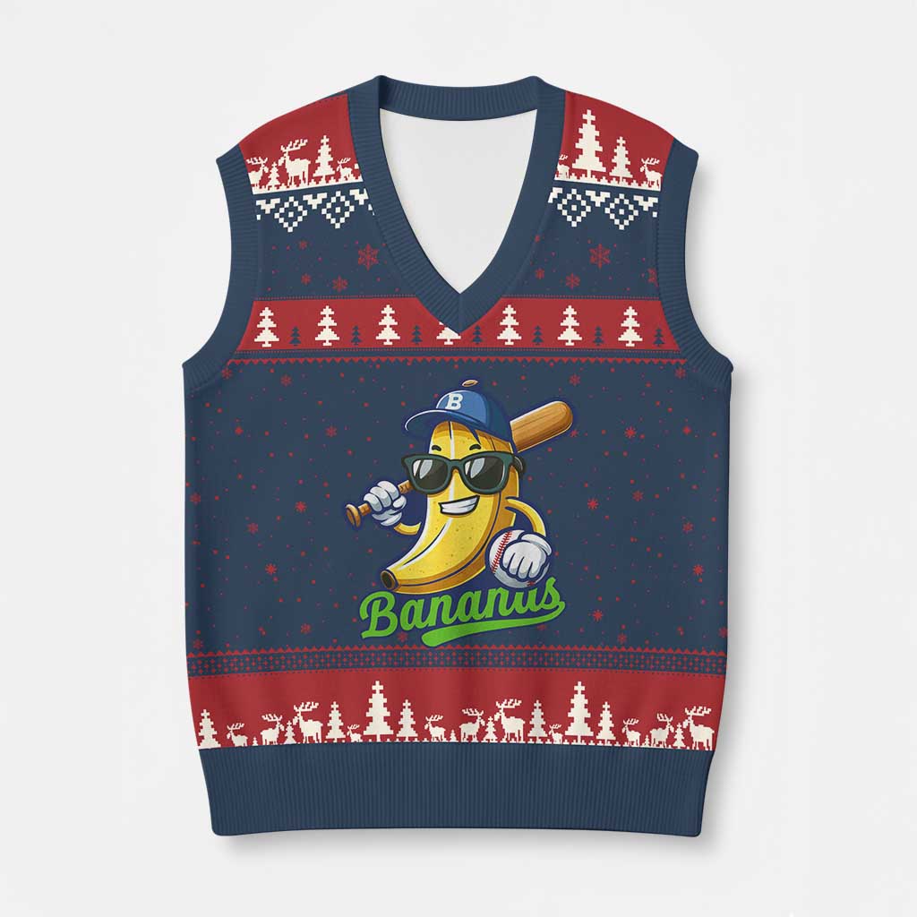Cute Banana Graphics V-Neck Knit Sweater Vest Funny Sports Baseball Lover TS02 Navy Red Print Your Wear