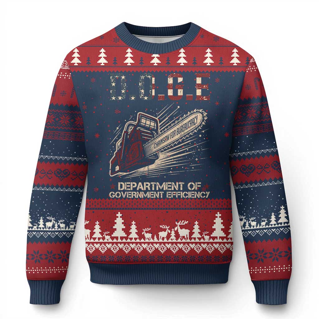 Chainsaw For Bureaucracy Ugly Christmas Sweater Funny DOGE USA Flag TS02 Navy Red Print Your Wear