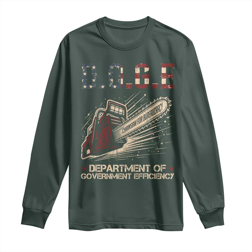 Chainsaw For Bureaucracy Long Sleeve Shirt Funny DOGE USA Flag TS02 Dark Forest Green Print Your Wear