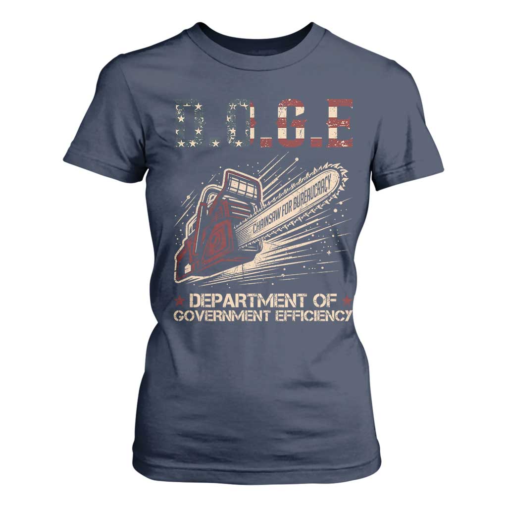 Chainsaw For Bureaucracy T Shirt For Women Funny DOGE USA Flag TS02 Navy Print Your Wear