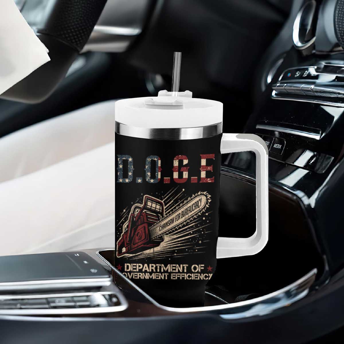 Chainsaw For Bureaucracy Tumbler With Handle Funny DOGE USA Flag TS02 Print Your Wear