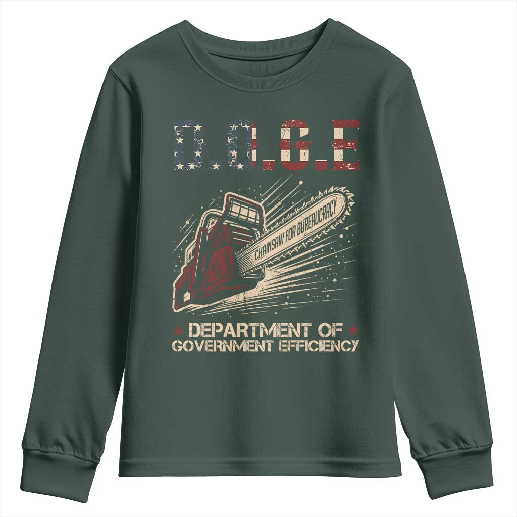 Chainsaw For Bureaucracy Youth Sweatshirt Funny DOGE USA Flag TS02 Dark Forest Green Print Your Wear