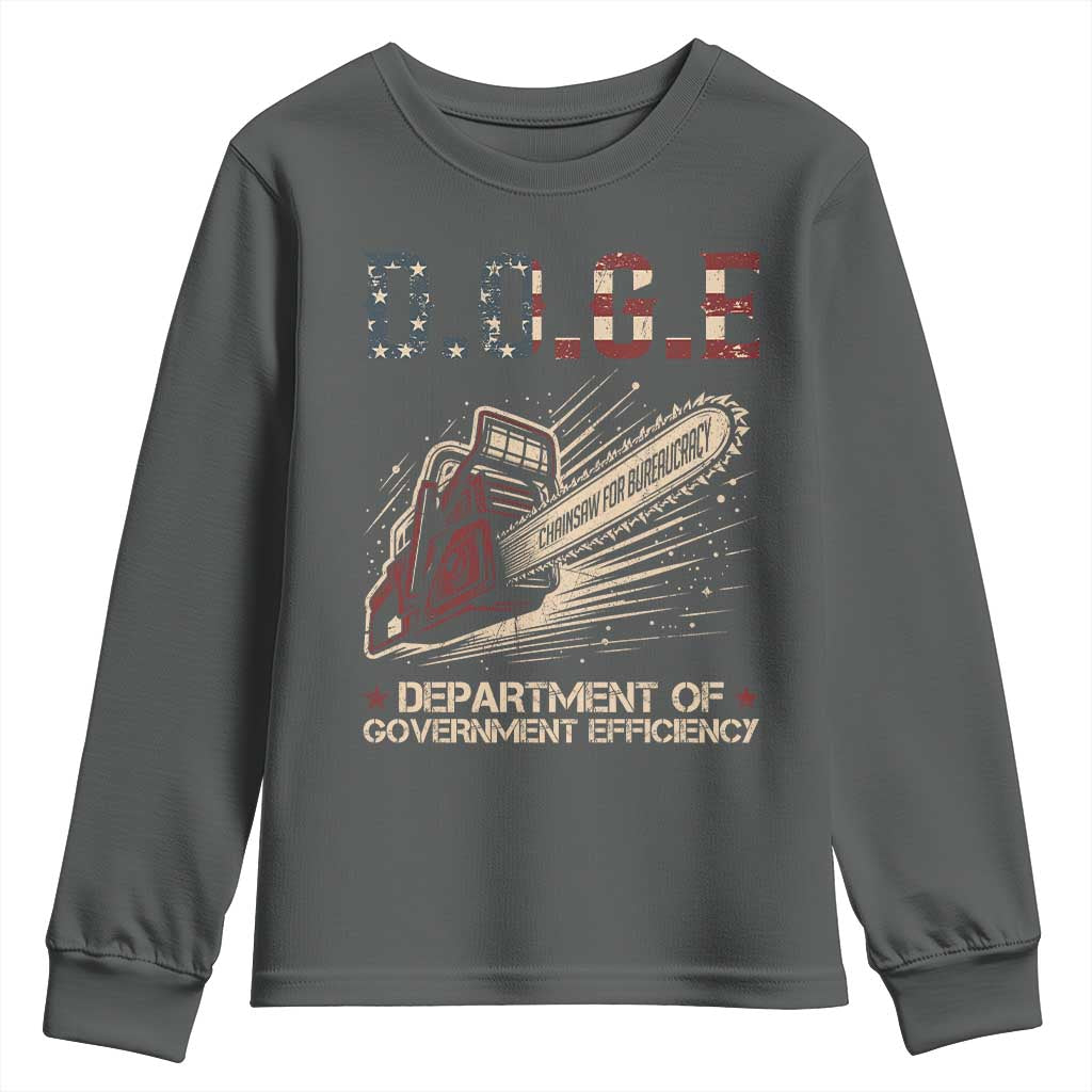 Chainsaw For Bureaucracy Youth Sweatshirt Funny DOGE USA Flag TS02 Dark Heather Print Your Wear