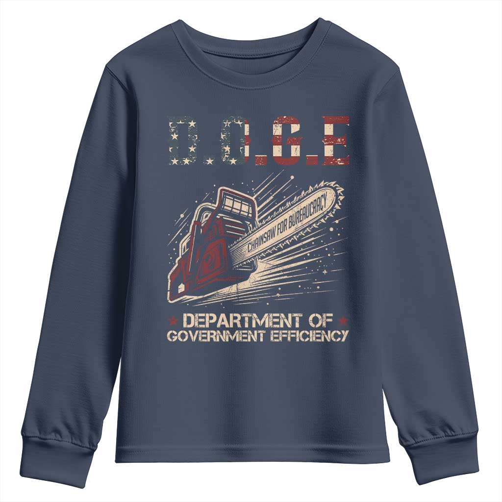 Chainsaw For Bureaucracy Youth Sweatshirt Funny DOGE USA Flag TS02 Navy Print Your Wear