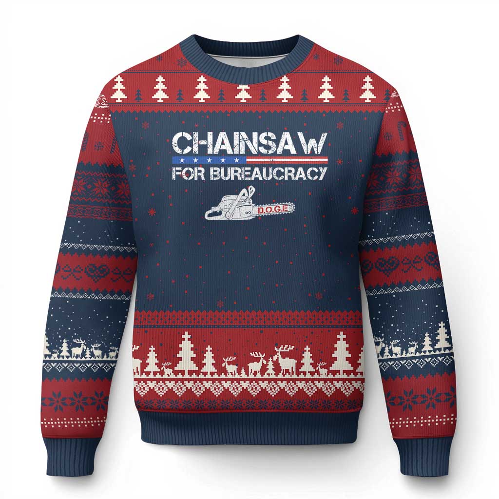 Chainsaw For Bureaucracy Ugly Christmas Sweater DOGE Department Of Government TS02 Navy Red Print Your Wear