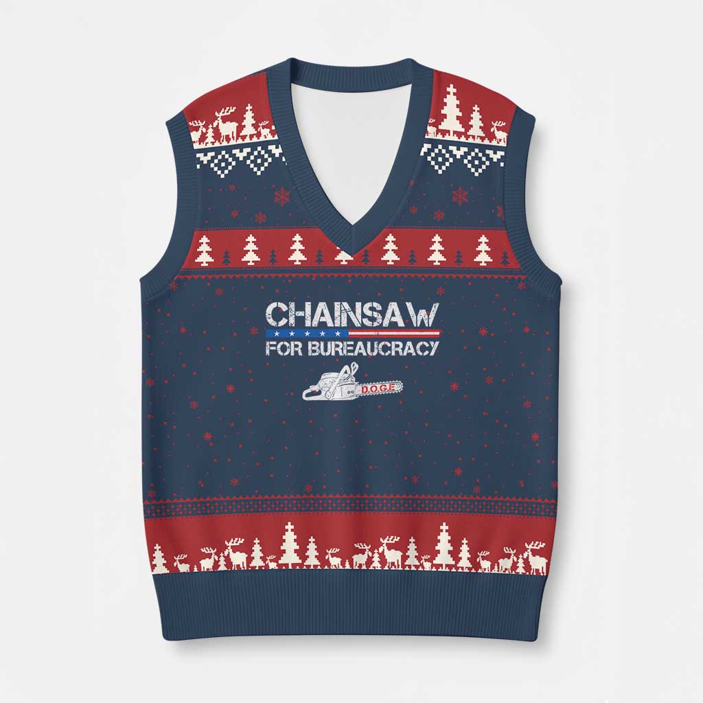 Chainsaw For Bureaucracy V-Neck Knit Sweater Vest DOGE Department Of Government TS02 Navy Red Print Your Wear