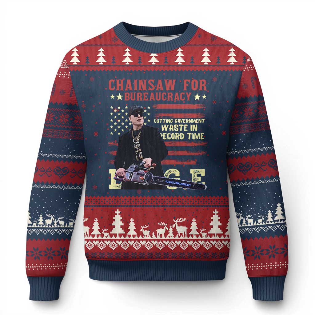 Chainsaw For Bureaucracy Ugly Christmas Sweater Cutting Government Waste In Record Time DOGE TS02 Navy Red Print Your Wear