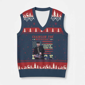 Chainsaw For Bureaucracy V-Neck Knit Sweater Vest Cutting Government Waste In Record Time DOGE TS02 Navy Red Print Your Wear