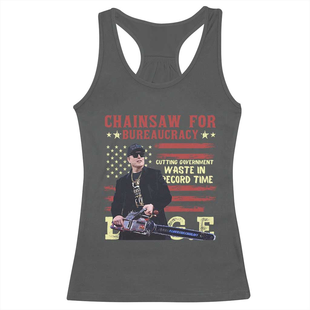Chainsaw For Bureaucracy Racerback Tank Top Cutting Government Waste In Record Time DOGE TS02 Dark Heather Print Your Wear