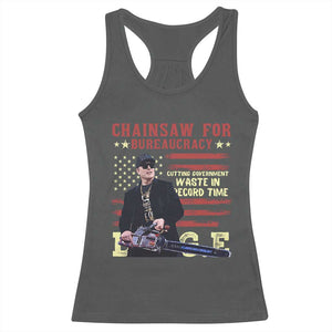 Chainsaw For Bureaucracy Racerback Tank Top Cutting Government Waste In Record Time DOGE TS02 Dark Heather Print Your Wear