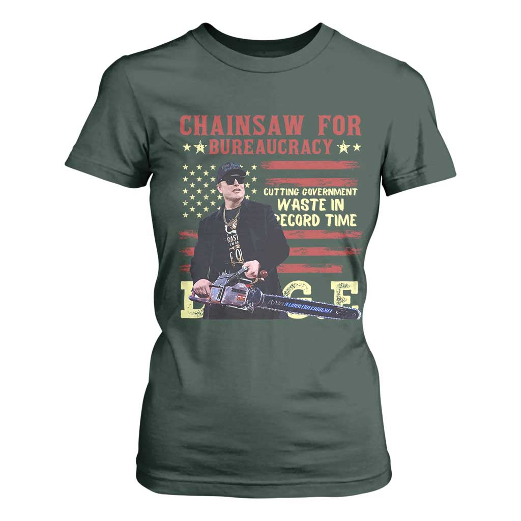 Chainsaw For Bureaucracy T Shirt For Women Cutting Government Waste In Record Time DOGE TS02 Dark Forest Green Print Your Wear