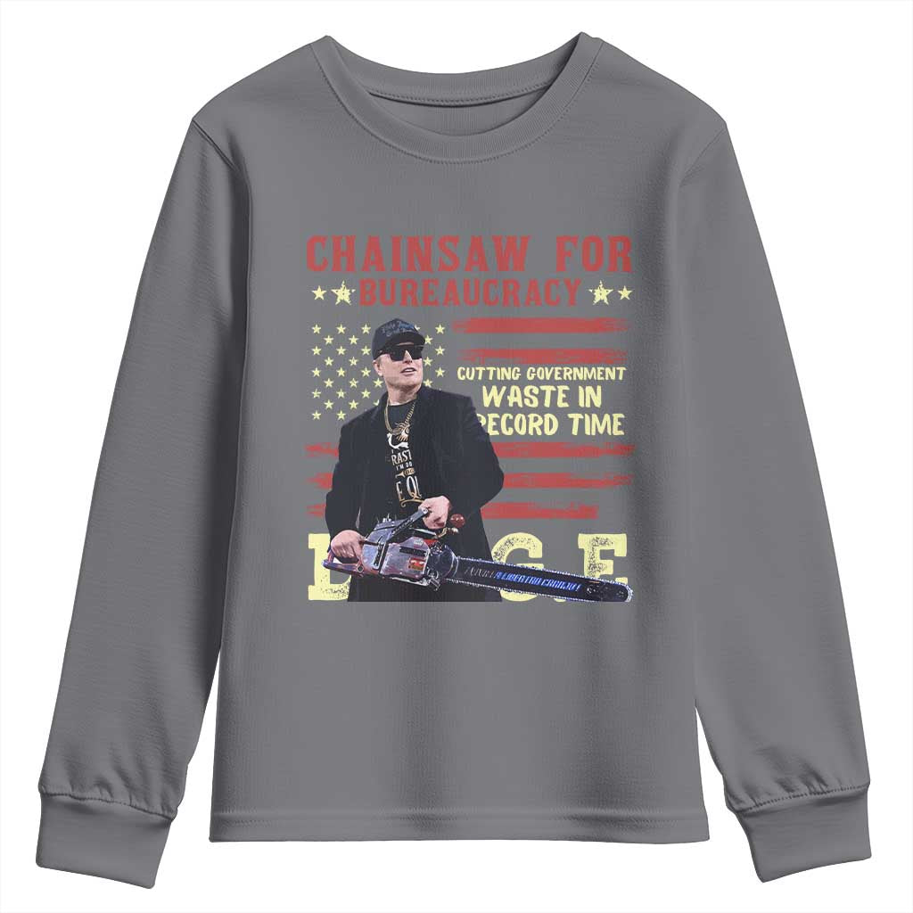 Chainsaw For Bureaucracy Youth Sweatshirt Cutting Government Waste In Record Time DOGE TS02 Charcoal Print Your Wear