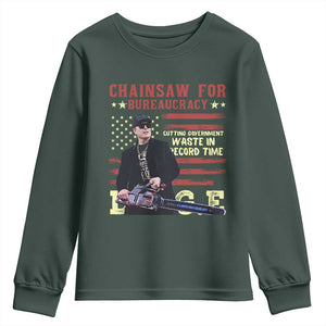Chainsaw For Bureaucracy Youth Sweatshirt Cutting Government Waste In Record Time DOGE TS02 Dark Forest Green Print Your Wear