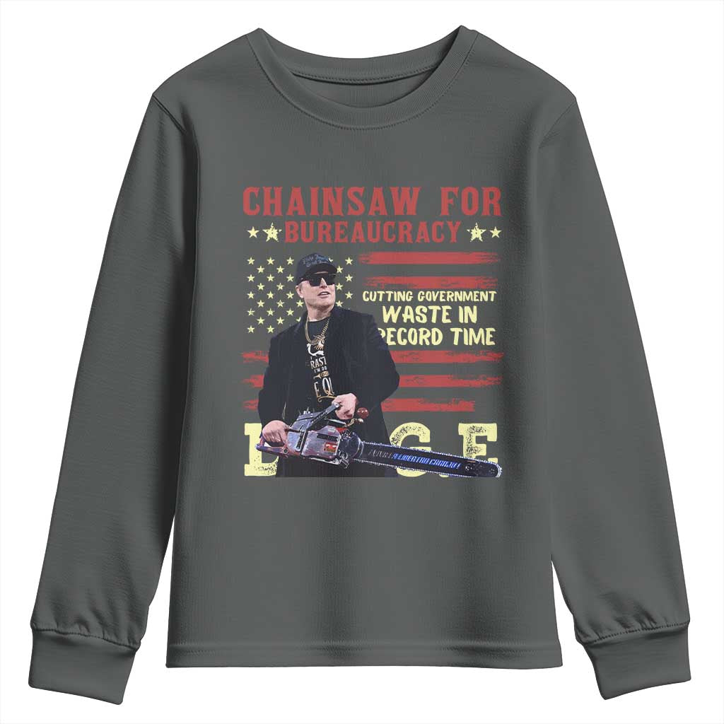 Chainsaw For Bureaucracy Youth Sweatshirt Cutting Government Waste In Record Time DOGE TS02 Dark Heather Print Your Wear