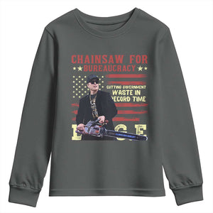 Chainsaw For Bureaucracy Youth Sweatshirt Cutting Government Waste In Record Time DOGE TS02 Dark Heather Print Your Wear