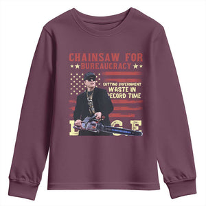 Chainsaw For Bureaucracy Youth Sweatshirt Cutting Government Waste In Record Time DOGE TS02 Maroon Print Your Wear