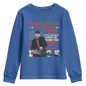 Chainsaw For Bureaucracy Youth Sweatshirt Cutting Government Waste In Record Time DOGE TS02 Royal Blue Print Your Wear