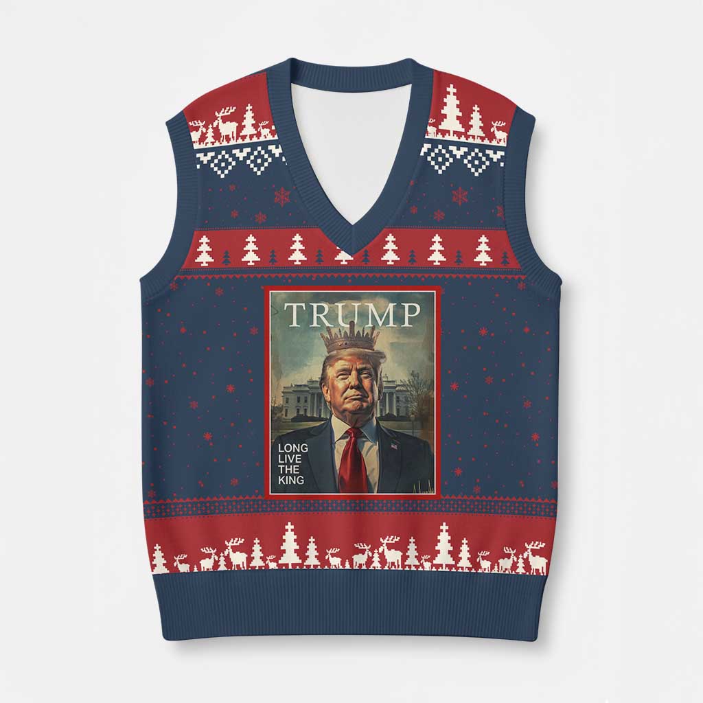 Trump 2025 V-Neck Knit Sweater Vest Long Live The King Patriotic Graphic TS02 Navy Red Print Your Wear