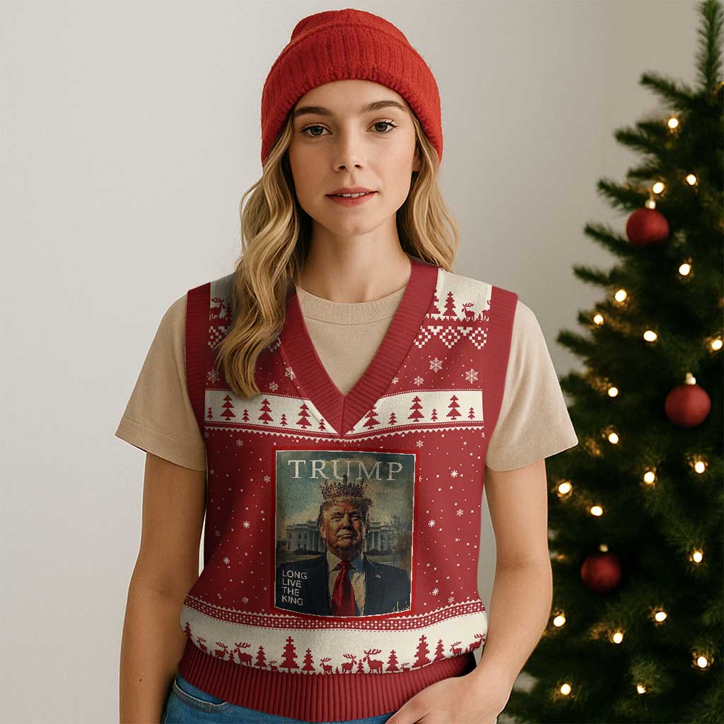 Trump 2025 V-Neck Knit Sweater Vest Long Live The King Patriotic Graphic TS02 Red Beige Print Your Wear