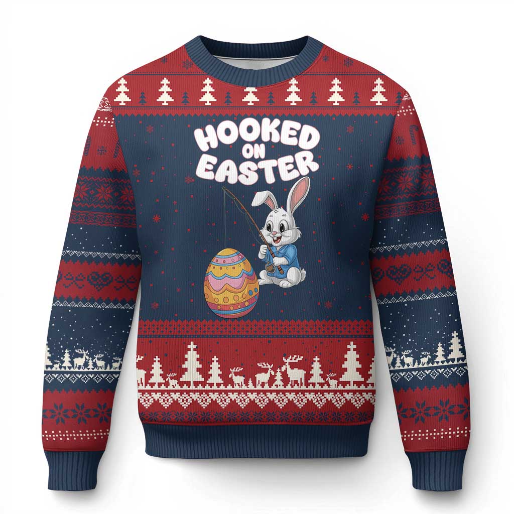 Cute Bunny Fishing Ugly Christmas Sweater Hooked for Easter Eggs Funny Holiday TS02 Navy Red Print Your Wear