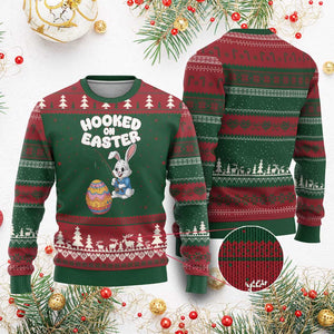 Cute Bunny Fishing Ugly Christmas Sweater Hooked for Easter Eggs Funny Holiday TS02 Red Green Print Your Wear