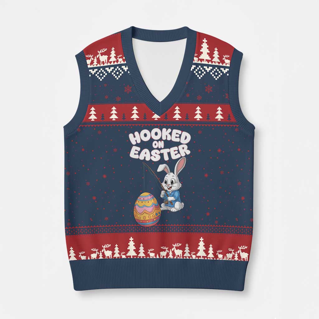 Cute Bunny Fishing V-Neck Knit Sweater Vest Hooked for Easter Eggs Funny Holiday TS02 Navy Red Print Your Wear