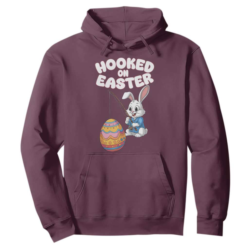 Cute Bunny Fishing Hoodie Hooked for Easter Eggs Funny Holiday TS02 Maroon Print Your Wear